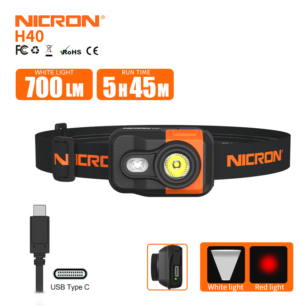 Nicron H40R ไฟหน้า LED 700LM Type-C แบบชาร์จไฟได้ ความสว่างสูง แบบพกพา กลางแจ้ง แสงสีแดง + แสงสีขาว ไฟหน้า