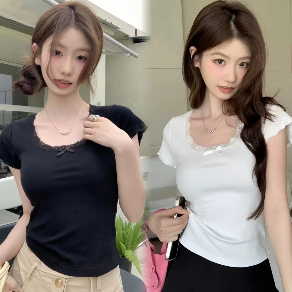 Bella เสื้อยืด แขนสั้นลูกไม้โบว์อเมริกันย้อนยุคของผู้หญิง