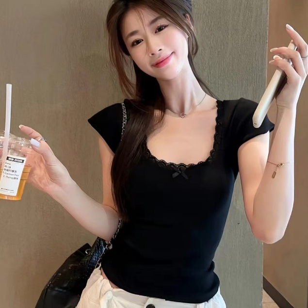 Luna shop T-shirt เสื้อแขนสั้นแต่งขอบลูกไม้ประดับโบว์สําหรับผู้หญิง