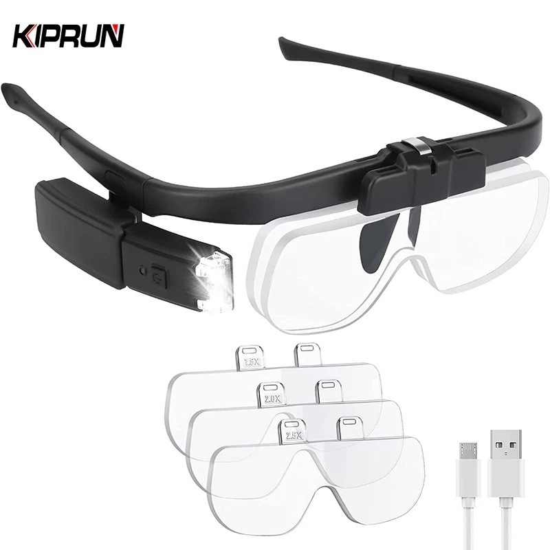 Kiprun แว่นขยายคาดศีรษะ พร้อมไฟ LED 2 ดวง ชาร์จ USB แฮนด์ฟรี พร้อมช่องใส่เลนส์คู่ 3 ช่อง