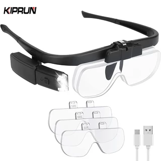 Kiprun แว่นขยายคาดศีรษะ พร้อมไฟ LED 2 ดวง ชาร์จ USB แฮนด์ฟรี พร้อมช่องใส่เลนส์คู่ 3 ช่อง