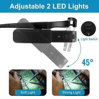 Kiprun แว่นขยายคาดศีรษะ พร้อมไฟ LED 2 ดวง ชาร์จ USB แฮนด์ฟรี พร้อมช่องใส่เลนส์คู่ 3 ช่อง