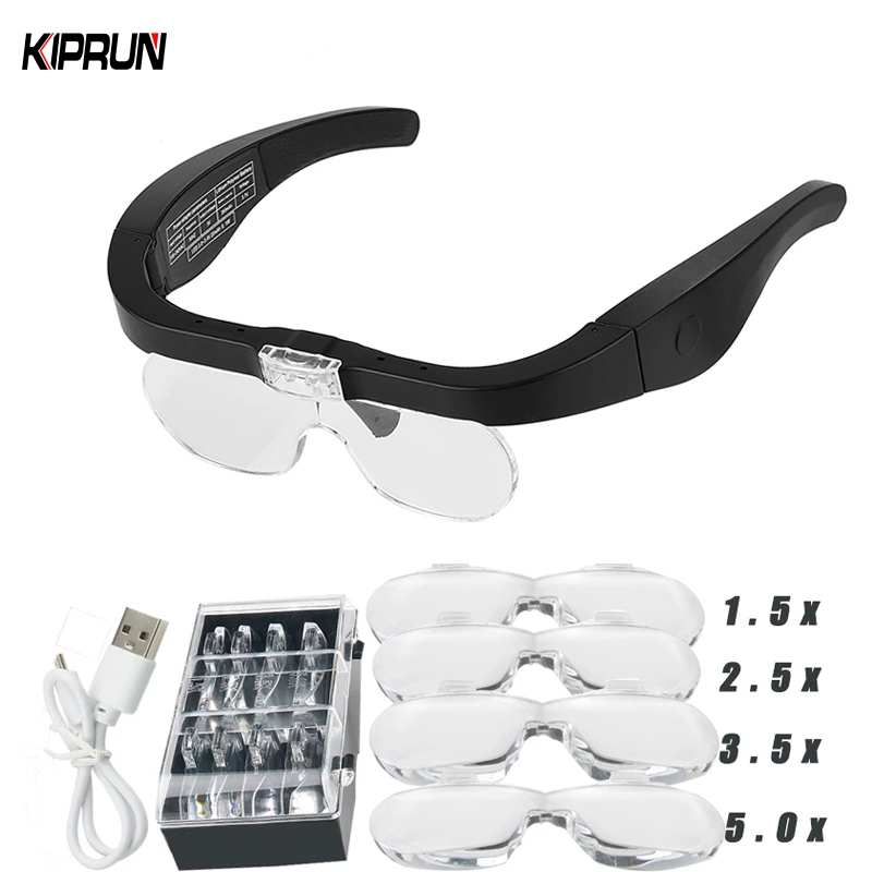 Kiprun แว่นขยาย 1.5X 2.5X 3.5X 5.0X แว่นขยาย ชาร์จ USB พร้อมไฟ LED สําหรับอ่านหนังสือ เครื่องประดับ ช่างซ่อมนาฬิกา สวมใส่