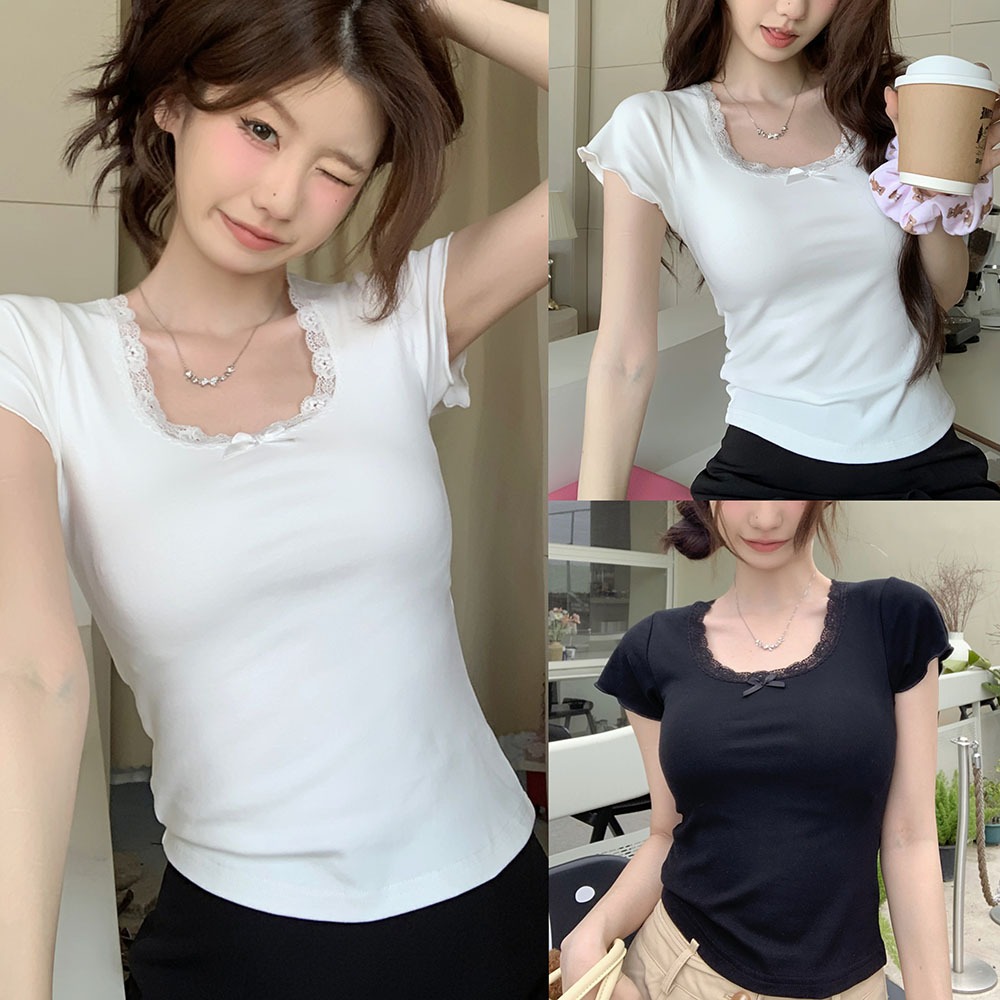 Hotgirl  พร้อมส่งจากกทม ✨เสื้อยืดแขนสั้นคอกลมลายลูกไม้สีขาวสำหรับผู้หญิง🌸Y2Kเสื้อครอปทรงเข้ารูป