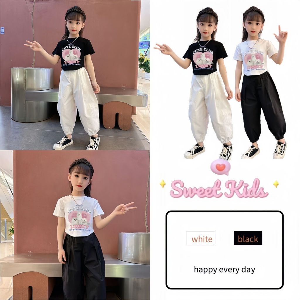 SweetKids พร้อมส่งจากกทม ชุดเซ็ทเด็กผู้หญิง แฟชั่น เสื้อแขนสั้นกางเกงขายาว รัดข้อเท้า เต้นรำเท่ๆ พิมพ์ลายน่ารัก สไตล์เกาหลี