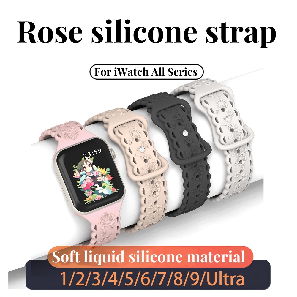 สายนาฬิกาข้อมือซิลิโคน แกะสลัก ลายดอกกุหลาบ สําหรับ Apple Watch S9 8 7 6 5 4 SE ULTRA iWatch 49 มม. 45 มม. 44 42 41 40 38