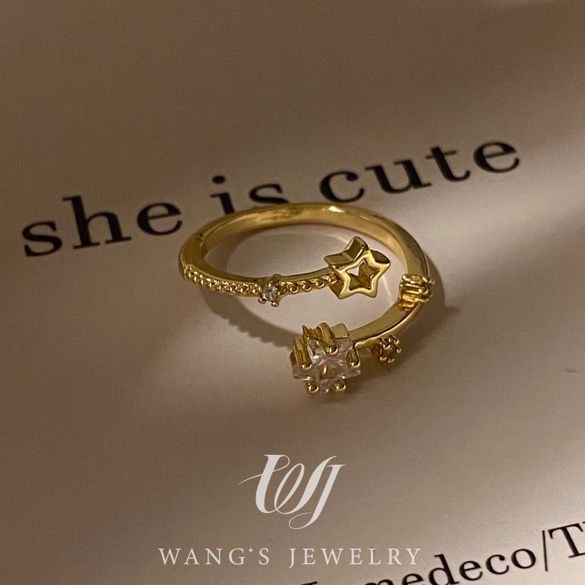 Wj【star Wish】แหวนนิ้วมือ ประดับเพทาย รูปดาว หรูหรา