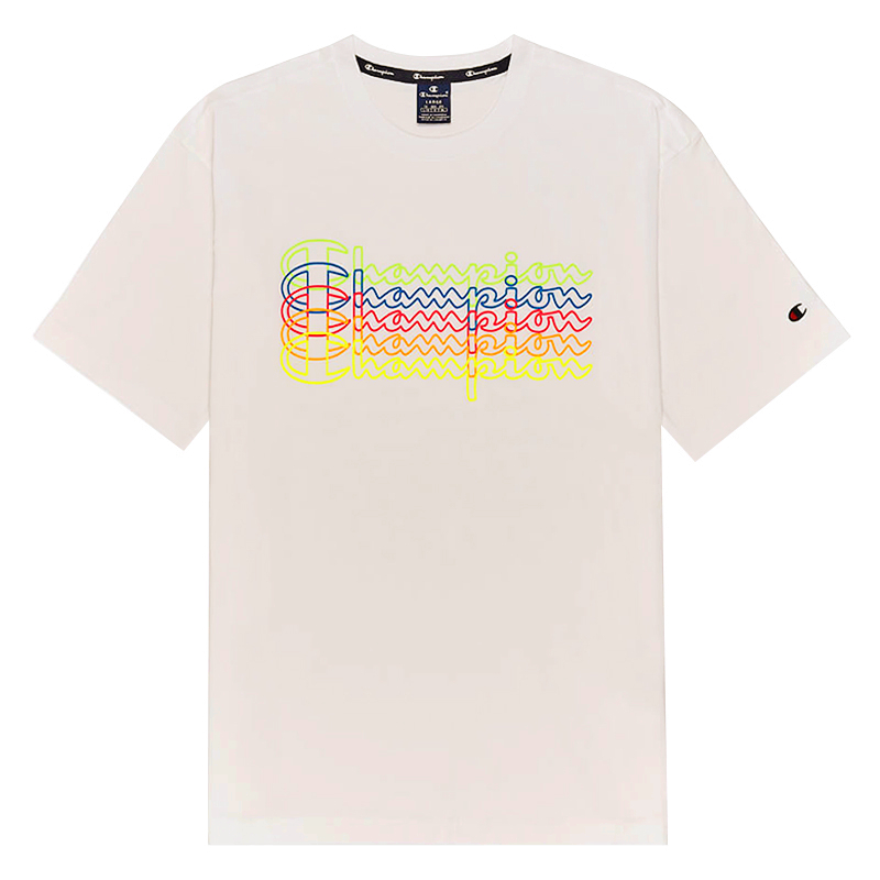 Champion เสื้อยืดคู่สำหรับผู้ชายและผู้หญิง ออกแบบโลโก้สีสันสดใส แขนสั้น