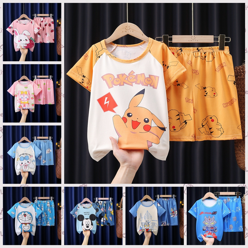 การ์ตูน ชุดนอนแขนสั้น ปิกาจู สําหรับเด็กผู้ชาย และเด็กผู้หญิง เสื้อยืดแขนสั้นสำหรับเด็ก + กางเกงขาสั้นสำหรับเด็ก 8ปีขึ้นไป