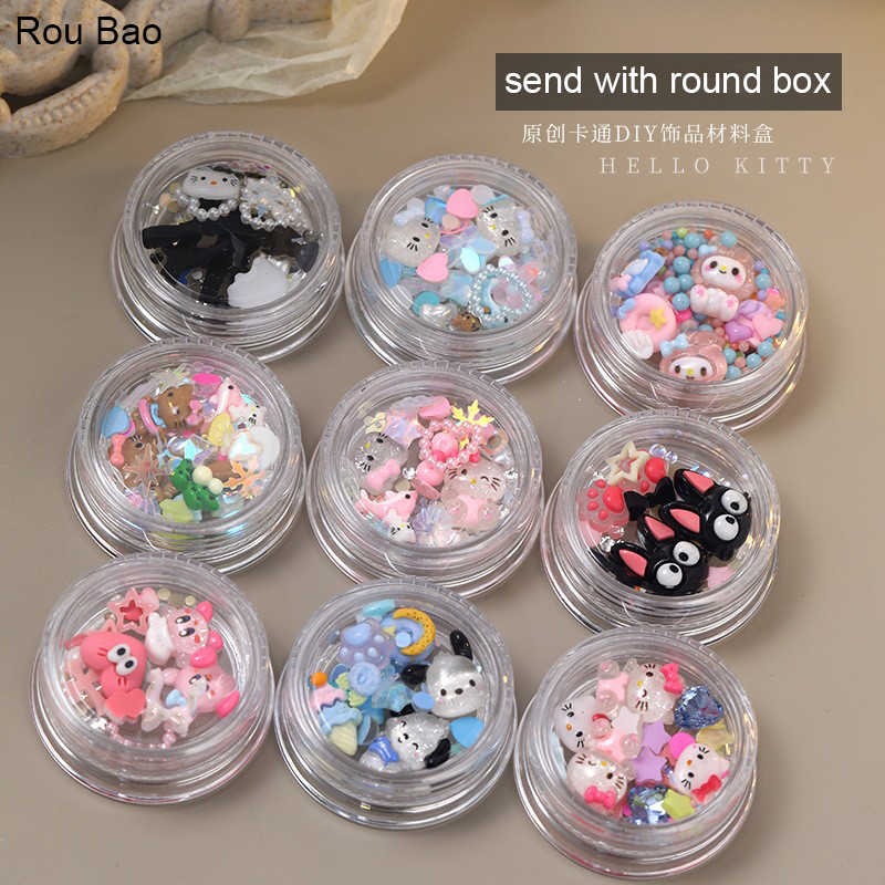 SANRIO Rou Bao กล่องวัสดุตกแต่งเล็บ ลายการ์ตูนแมว หัวใจ โบว์ ไข่มุก สีสันสดใส DIY สําหรับเด็ก
