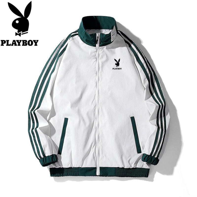 Playboy Casual Jacket Jacket with Cotton Men's Baseball Collar Sports Cardigan Long Sleeved Trench Coat Classic Three Bar Men's
