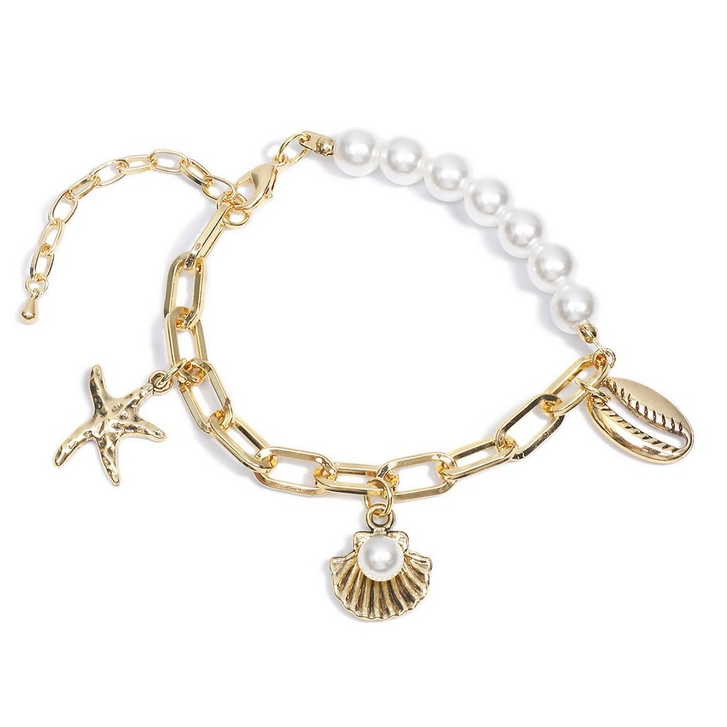สร้อยข้อมือ ชุบทอง 18k จี้เปลือกหอย ปลาดาว ดอกไม้ สไตล์โบฮีเมียน เรโทร วินเทจ เครื่องประดับแฟชั่น สําหรับผู้หญิง