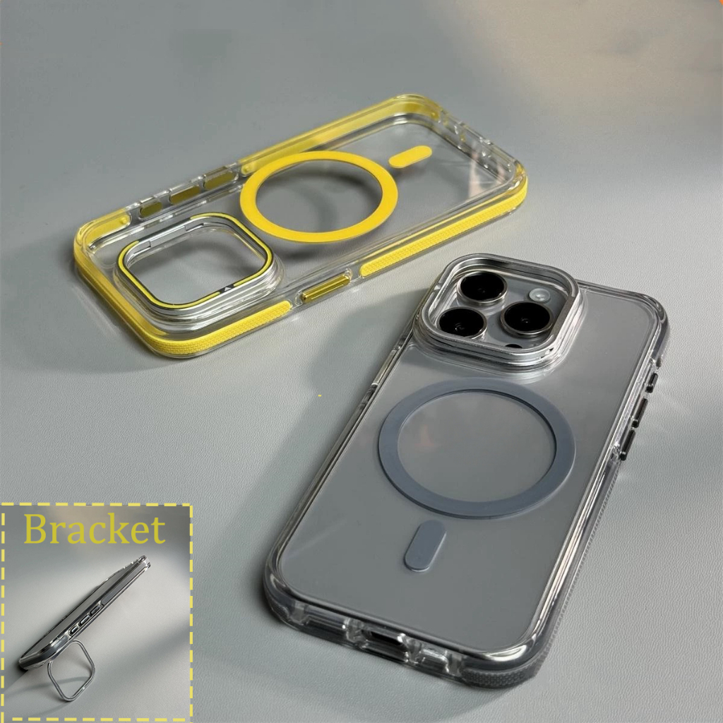 【Phone Stand/Non-slip Edge/Transparent acrylic hard case/Yellow】เคส compatible for iPhone 11 12 13 15 14 pro max case