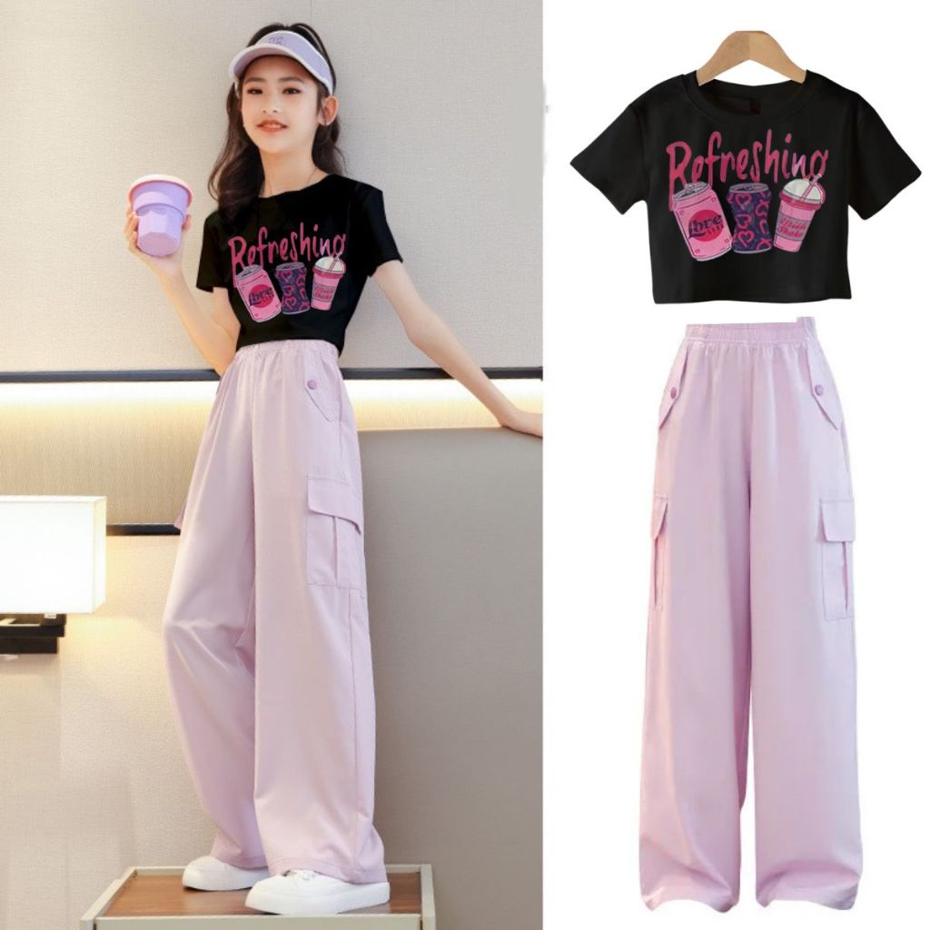 3-14 ปี OOTD Terno ชุดสําหรับสาวผ้าไหมน้ําแข็งกางเกงคาร์โก้ขากว้าง + เสื้อครอปผ้าฝ้าย Sando ชุดสําหรับวัยรุ่น