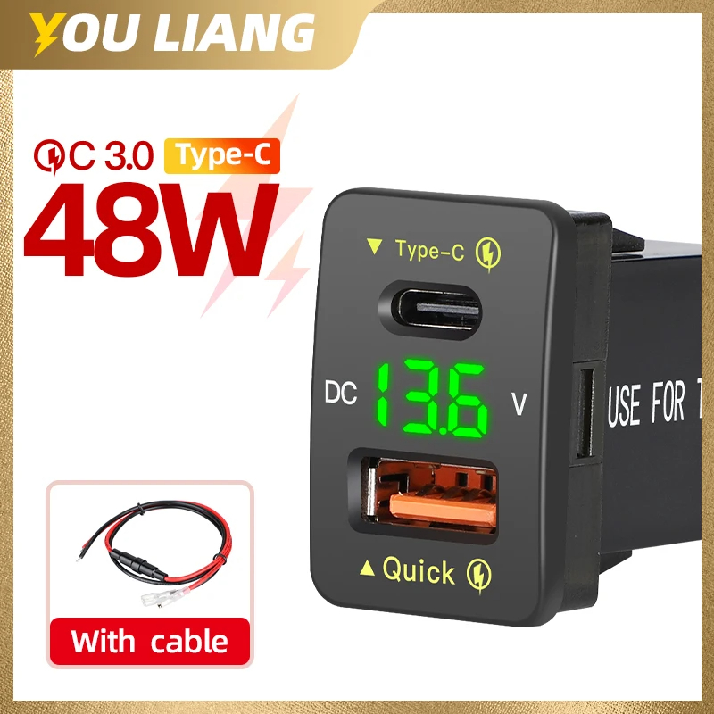 Qc3.0 อะแดปเตอร์ซ็อกเก็ตชาร์จโทรศัพท์มือถือ 48W Usb C PD Port 12V 24V สําหรับ Toyota