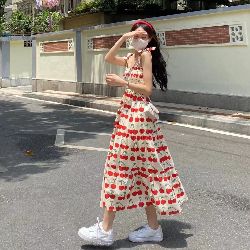 ใหม่ ชุดเดรสแม็กซี่ยาว แขนกุด พิมพ์ลายเชอร์รี่ สไตล์เกาหลี แฟชั่นฤดูร้อน สําหรับผู้หญิง พร้อมส่ง