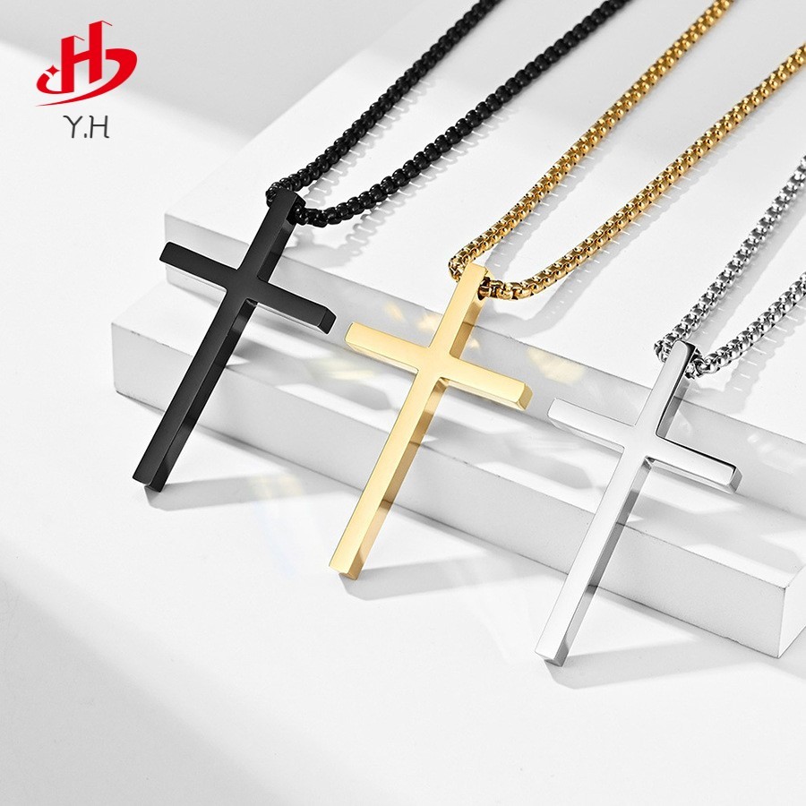 Y.H 2024 ไม้กางเขน สีทอง 18 K สร้อยคอสแตนเลส สามสี และขนาด