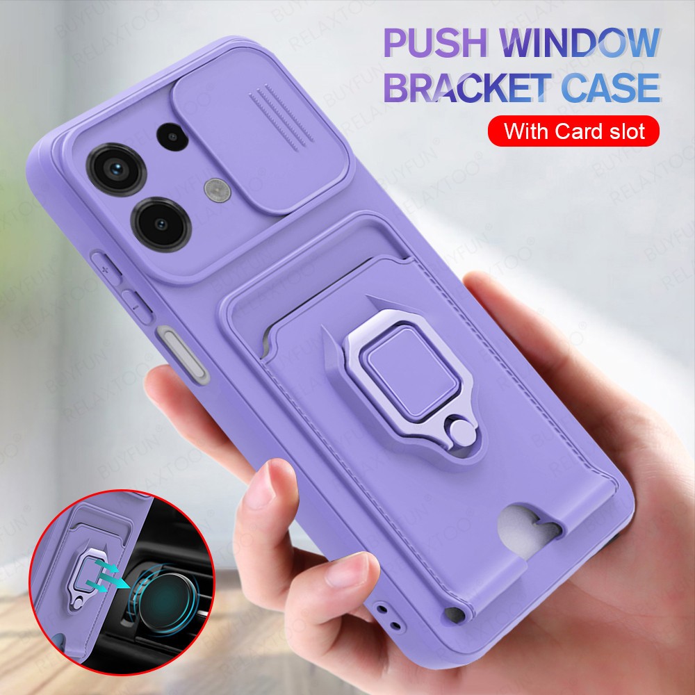 สําหรับ Xiaomi Redmi หมายเหตุ 13 Pro + 5G กรณี Push ป้องกันกล้องซิลิคอนอ่อน Redmi หมายเหตุ 13 4G 5G 13 Pro Plus Note13Pro 4G รถแม่เหล็กช่องใส่การ์ดแหวนกรณี