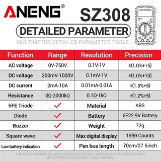 หนึ่งชุด ANENG SZ308 มัลติมิเตอร์แบบดิจิตอล, 1999 นับเครื่องทดสอบความแม่นยําสูงสําหรับแรงดันไฟฟ้า AC DC และความต้านทาน