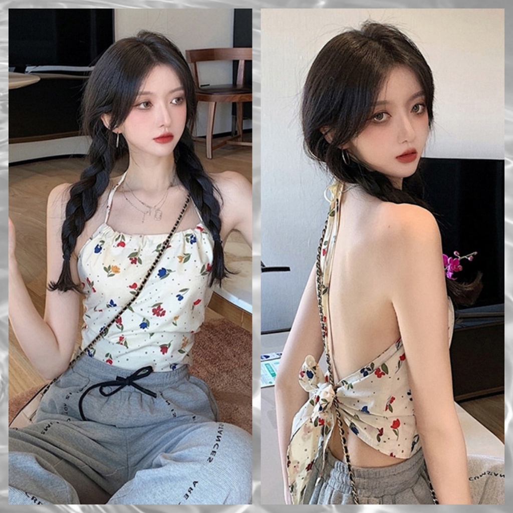 [HSSL] เสื้อเกาะอกผูกคอลายดอกไม้ ผูกโบว์โชว์หลังแซ่บมาก ทรงสวยเป๊ะ A7717