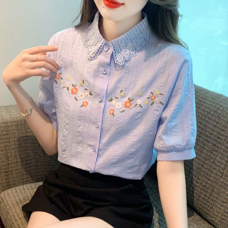 ใหม่ เสื้อเชิ้ต ผ้าฝ้ายแท้ ปักลายดอกไม้ ใส่สบาย ใส่ทํางานได้ แฟชั่นสําหรับสตรี