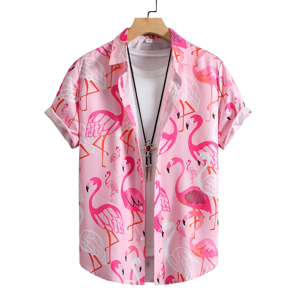 เสื้อเชิ้ตแขนสั้นลําลอง พิมพ์ลายนกฟลามิงโก้ สีชมพู สีขาว แฟชั่นฤดูร้อน สไตล์ฮาวาย สําหรับผู้ชาย