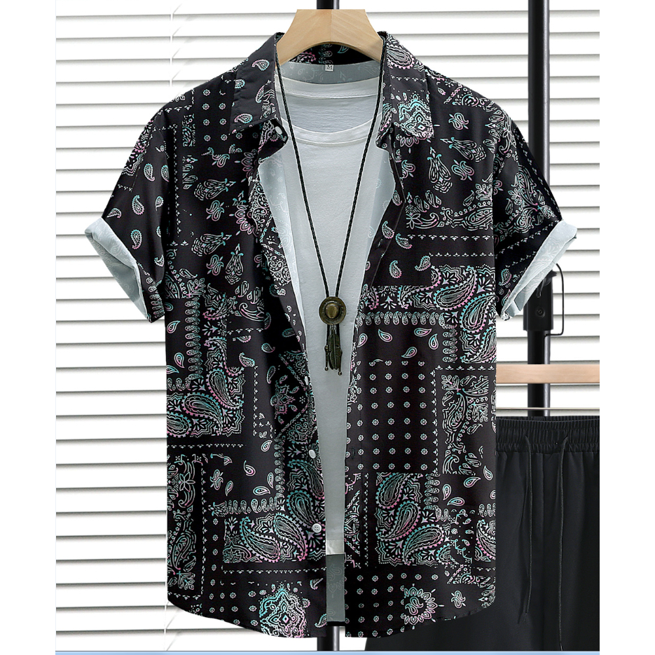 เสื้อเชิ้ตแขนสั้นลําลอง พิมพ์ลายเม็ดมะม่วงหิมพานต์ สีดํา แฟชั่นฤดูร้อน สไตล์เรโทร สําหรับผู้ชาย