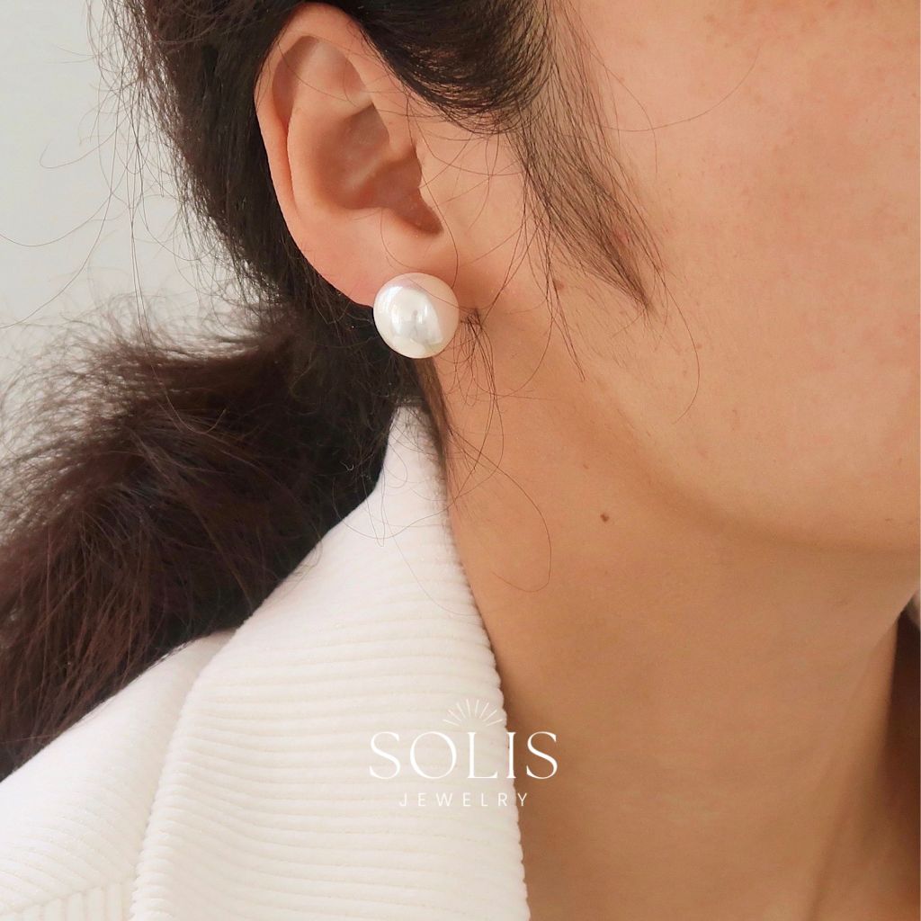 ต่างหูสตั๊ดไข่มุก Shine 14 มม. สแตนเลสไทเทเนียม hypoallergenic 1 คู่