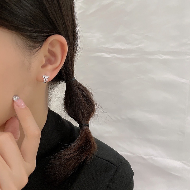 ชุดเครื่องประดับ ต่างหูห่วง ประดับโบว์ สีดํา สไตล์เรโทร สําหรับผู้หญิง - รูปที่ 3