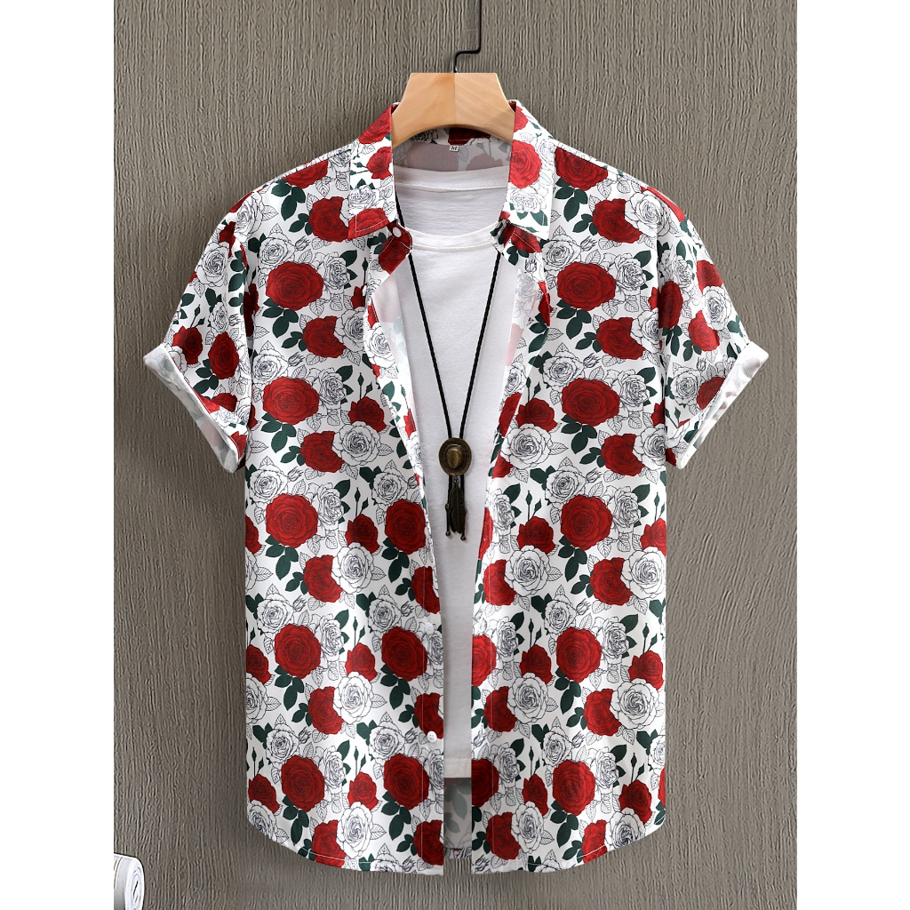เสื้อเชิ้ตแขนสั้นลําลอง พิมพ์ลายดอกกุหลาบ สีแดง สีขาว แฟชั่นฤดูร้อน สําหรับผู้ชาย - รูปที่ 2