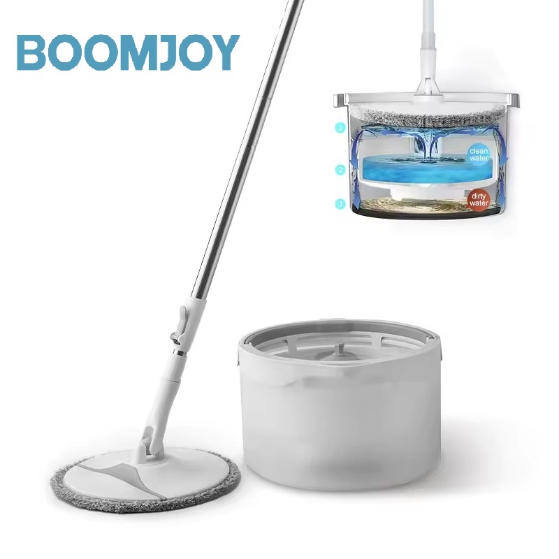 BOOMJOY ไม้ถูพื้นแบนหมุนได้360,อุปกรณ์ทำความสะอาดในครัวเรือนม็อปถูพื้นระบบทำความสะอาดของเสียพร้อมถัง พกพาสะดวก ถังปั่นไม้ม๊อบ