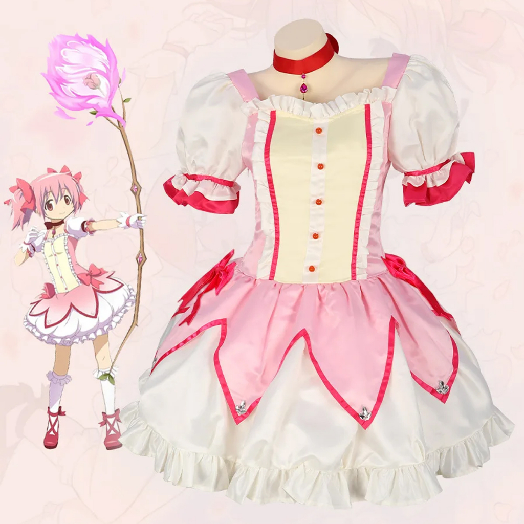 สาวเวทมนตร์ Kaname Madoka คอสเพลย์เครื่องแต่งกาย Kawaii Lolita สาว Carnival สีชมพูชุดวิกผมสั้น Idol Puella Magi Madoka