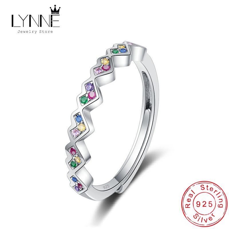 Lynne ใหม่ แหวนเงินแท้ 925 ประดับเพทาย พลอยเทียม รูปหัวใจ สีรุ้ง ปรับขนาดได้ หรูหรา แฟชั่น สําหรับผู้หญิง