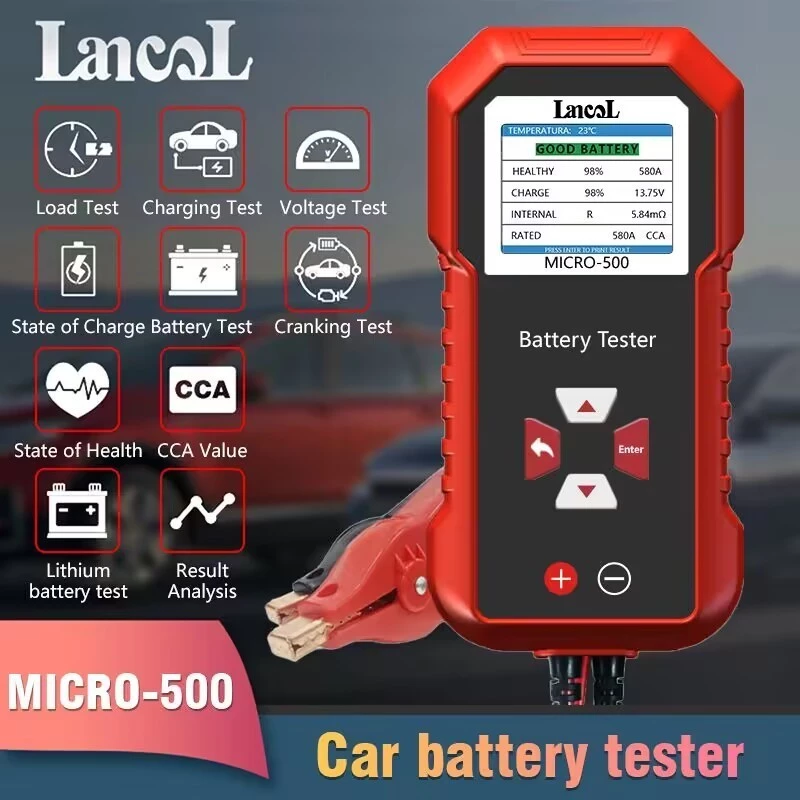 Lancol Micro500 เครื่องทดสอบแบตเตอรี่รถยนต์ 12V 24V เครื่องวิเคราะห์แบตเตอรี่ 40-3000 CCA เครื่องทดสอบแบตเตอรี่ลิเธียม วิเคราะห์ความจุกรดตะกั่ว อุปกรณ์ทดสอบการสตาร์ทและการชาร์จมอเตอร์ จอแสดงผล LED