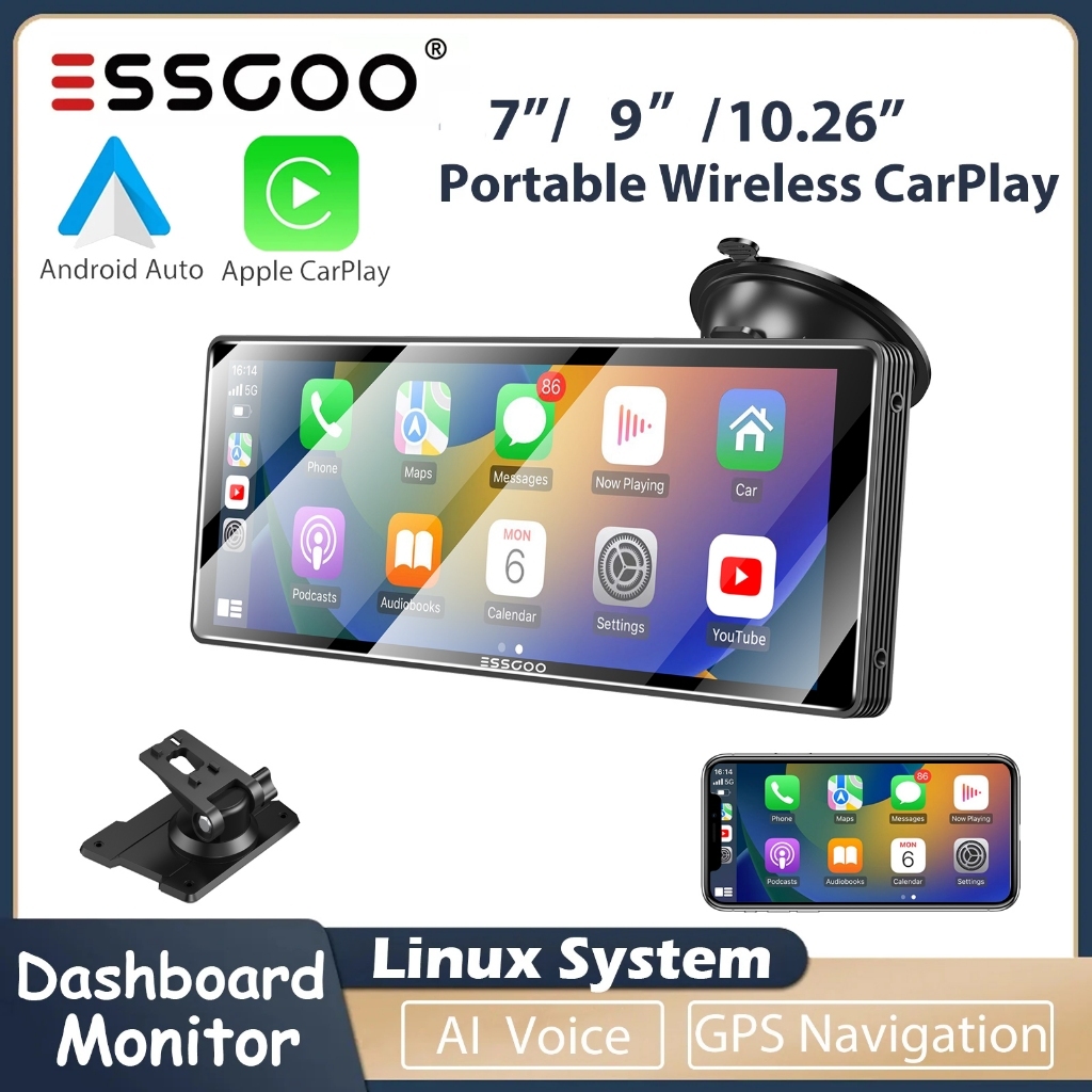 ESSGOO Wireless Carplay Dashboard Monitor Portable Car Radio Automotive Multimedia Player Android Auto MirrorLink AUX Bluetooth 7/9/10 inch