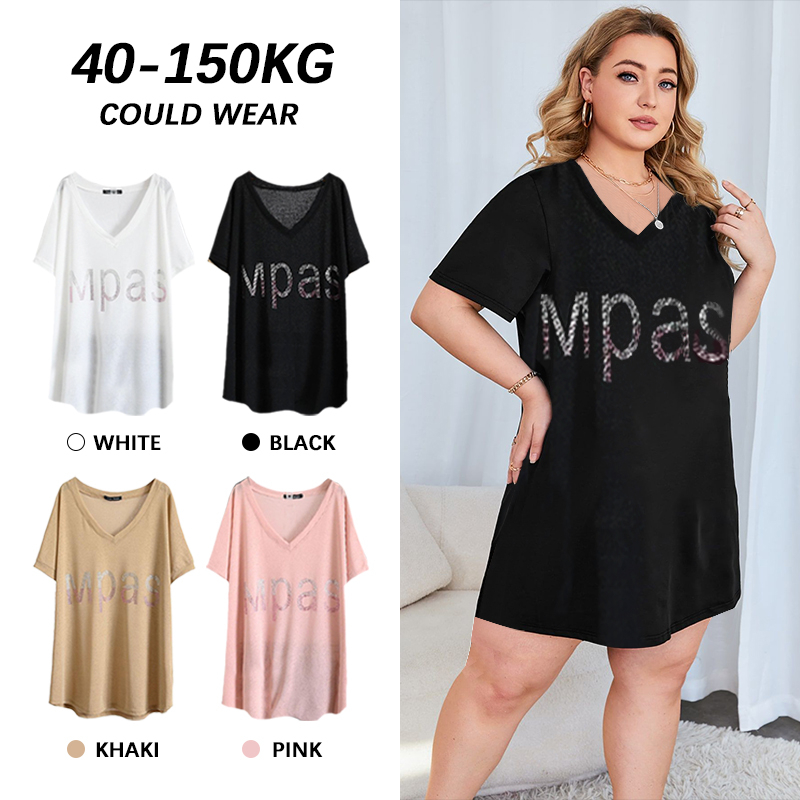 【เสื้อยืดโอเวอร์ไซซ์】เสื้อยืดคอวี ทรงหลวม ประดับเพชร พลัสไซซ์ สไตล์เกาหลี สําหรับผู้หญิง รองรับ 150 กก.