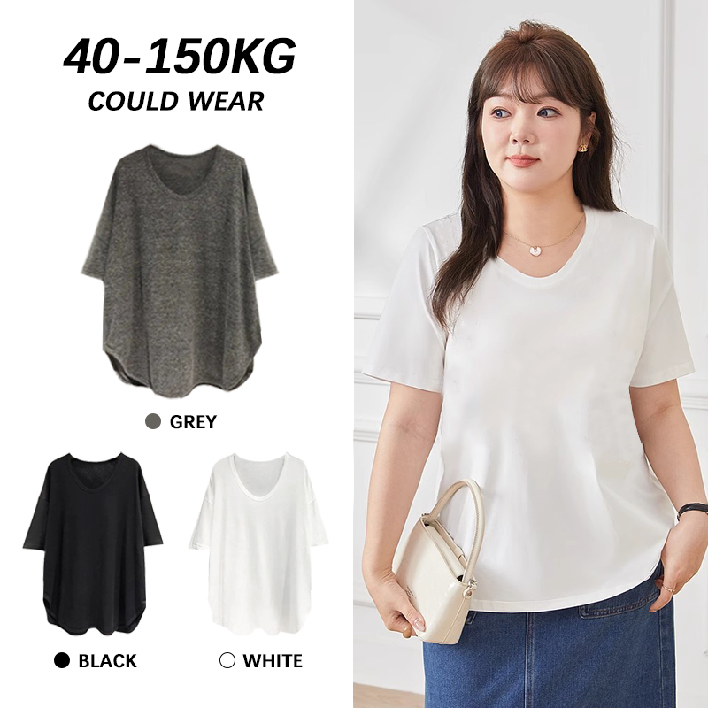 【Plus Size】เสื้อยืดแขนสั้น คอวี ทรงหลวม ขนาดใหญ่ 5 สี แฟชั่นฤดูร้อน สําหรับผู้หญิง (50-150 กก.)