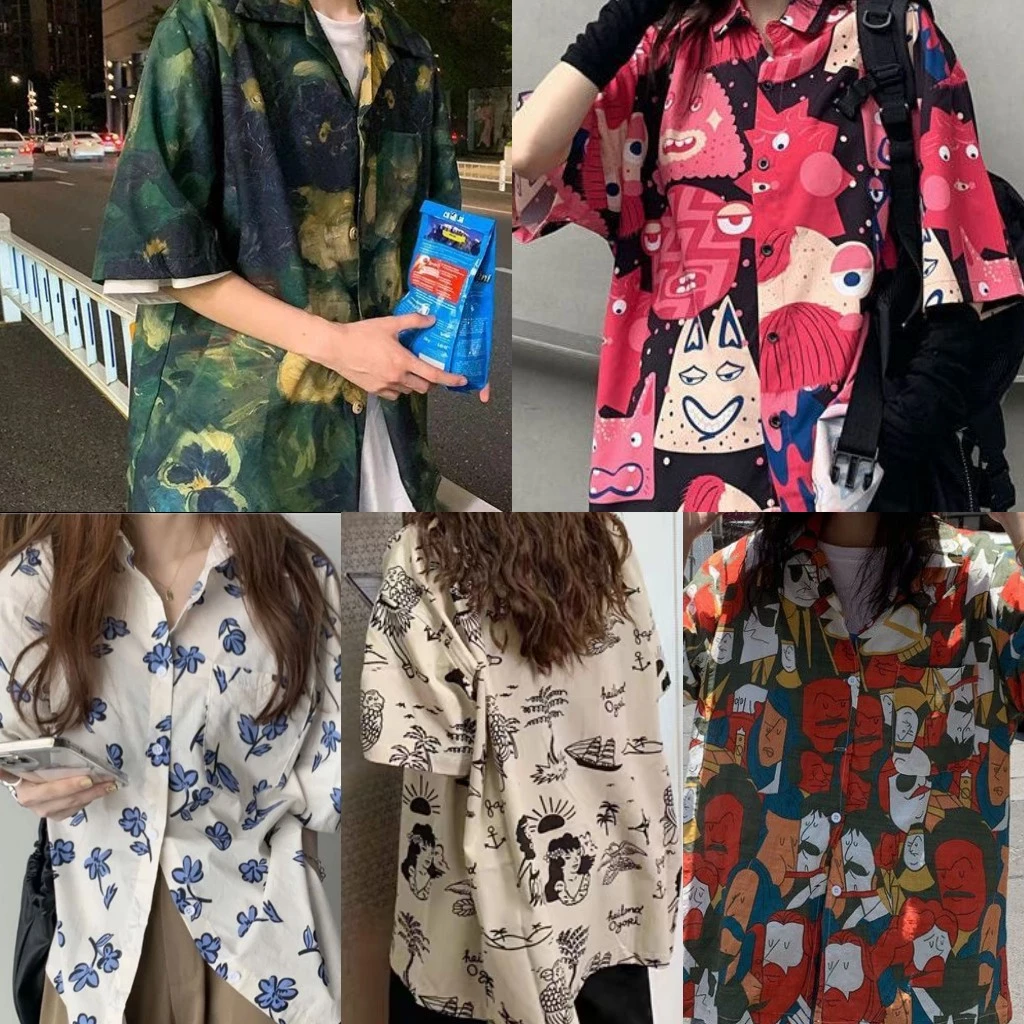 เสื้อเชิ้ตแขนสั้น คอปกโปโล ทรงหลวม พิมพ์ลาย สไตล์ฮ่องกง
