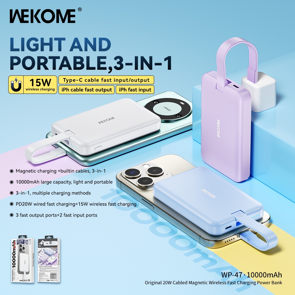 คุณได้รับ ของขวัญ 1 ชิ้น，สายซิลิโคนสำหรับมัดรวมสายชาร์จ，WEKOME WP-47 Power Bank แม่เหล็ก 20W super fast ดั้งเดิม ชาร์จแบตฯ แบบพกพา 10,000mAh 3 in 1 support IOS Type-c
