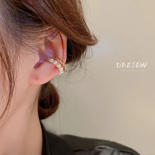 DREJEW ต่างหู ทอง 18K ประดับมุก ทรงเรขาคณิต สองชั้น ไม่เจาะหู เรียบง่าย ขนาดเล็ก สวยหรู ไม่ทําให้แพ้
