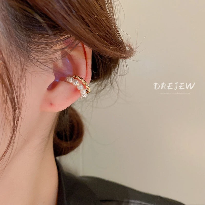 DREJEW ต่างหู ทอง 18K ประดับมุก ทรงเรขาคณิต สองชั้น ไม่เจาะหู เรียบง่าย ขนาดเล็ก สวยหรู ไม่ทําให้แพ้
