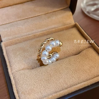 DREJEW ต่างหู ทอง 18K ประดับมุก ทรงเรขาคณิต สองชั้น ไม่เจาะหู เรียบง่าย ขนาดเล็ก สวยหรู ไม่ทําให้แพ้