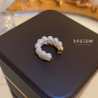 DREJEW ต่างหู ทอง 18K ประดับมุก ทรงเรขาคณิต สองชั้น ไม่เจาะหู เรียบง่าย ขนาดเล็ก สวยหรู ไม่ทําให้แพ้
