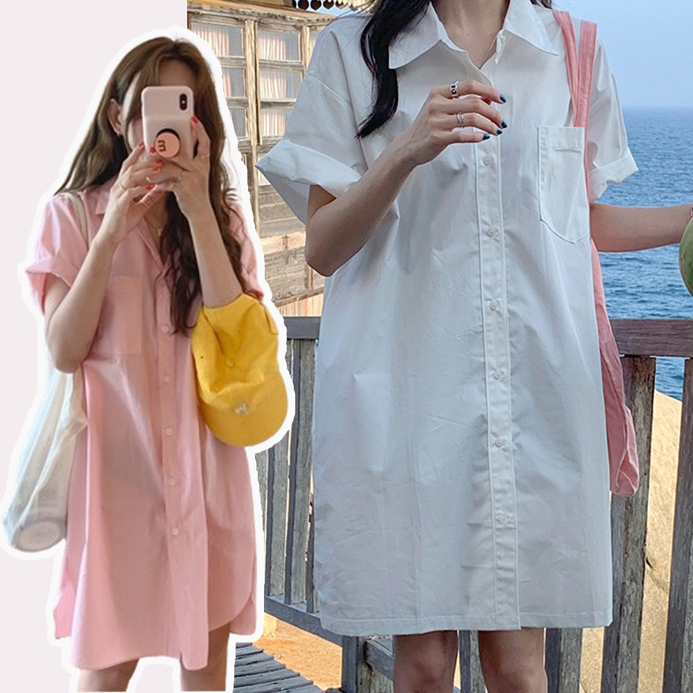 Hotgirl พร้อมส่งจากกทม ชุดเดรสเสื้อเชิ้ตหลวมสไตล์เกาหลี ชุดเดรสแฟชั่นวินเทจ สไตล์ลำลองและขี้เกียจ
