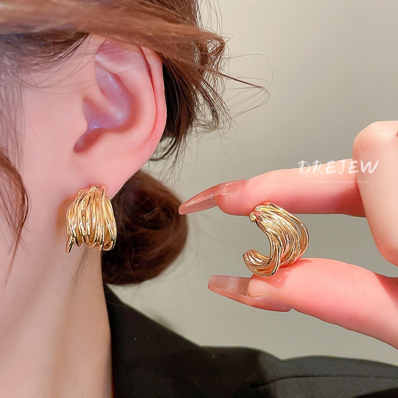 DREJEW ต่างหูเข็มเงิน 925 โลหะ รูปตัว C ทอง 18K หลายชั้น สไตล์ยุโรป และอเมริกา ส