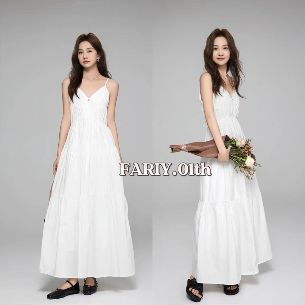 Fariy （ไทยส่ง）ชุดเดรสกระโปรงยาว คอวีลึก ทรงหลวม สีขาว สไตล์โรแมนติก สําหรับสตรี
