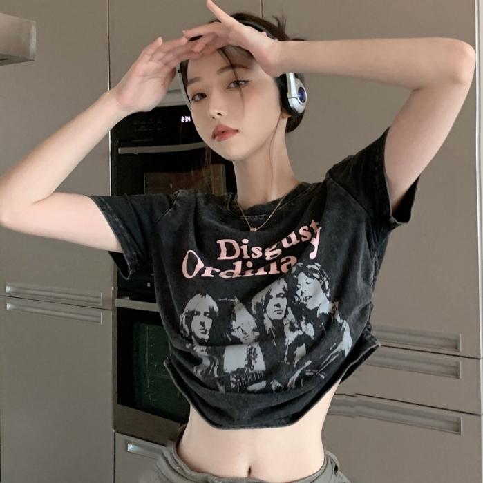 Bella แขนสั้น เสื้อตัวสั้นพิมพ์ลายสไตล์เรโทรสําหรับผู้หญิง