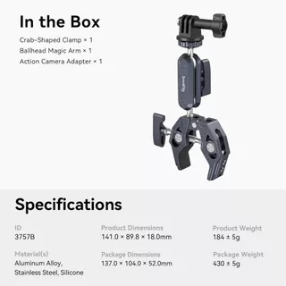 SmallRig Super Clamp Ballhead Magic Arm Camera Clamp, Crab-Shaped Monitor Clamp with 1/4"-20, 3/8"-16 Threaded Holes for Gopro/DSLR Camera/Stabilizer - 3757