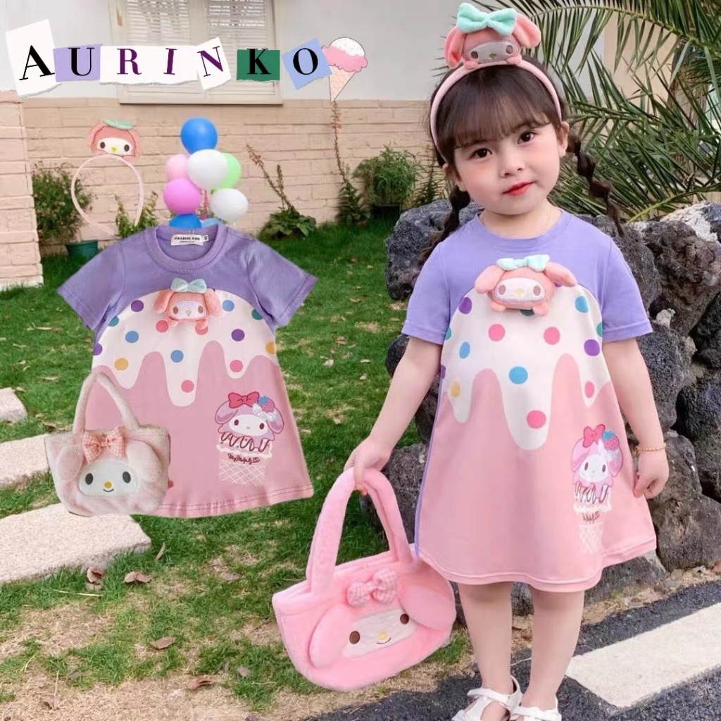 [Aurinko] ชุดเด็กผู้หญิงชุดเดรสเสื้อยืด ลายการ์ตูนไอศกรีม กระโปรงดรสเด็กผู้หญิง 1-7 ปี, Baby Girls Dress, Princess Dress