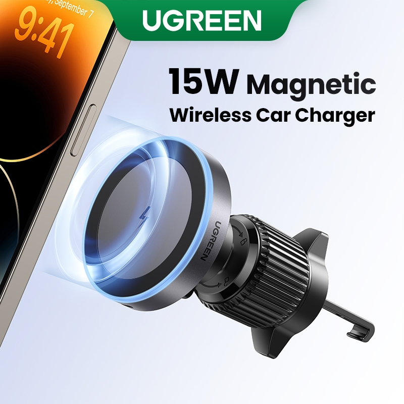 Ugreen เครื่องชาร์จในรถยนต์ไร้สายแม่เหล็ก 15W ชาร์จสําหรับ iPhone 16 Pro Max 12-15 Series พร้อมไฟแสดงสถานะแสงสีฟ้ารองรับ 360° การหมุนและแม่เหล็กที่แข็งแกร่งมั่นคงและทนทาน